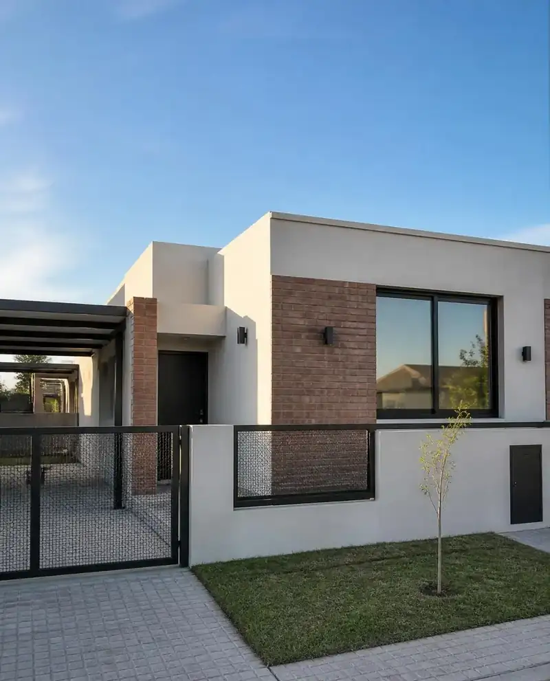 Casa nueva de una planta terminada, con frente revocado, ladrillo a la vista y jardín
