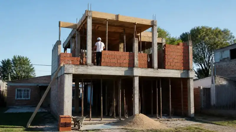 Casa de dos plantas en construcción con columnas y vigas de hormigón y paredes de ladrillo cerámico