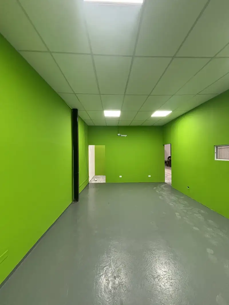 Local terminado con paredes verdes, cielorraso desmontable con paneles LED y piso gris
